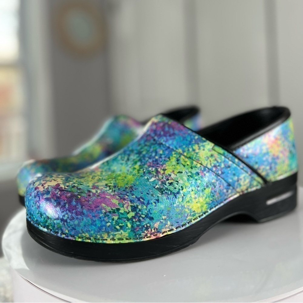 Dansko Teal Purple Pink Green Yellow Speckled Leather Clogs Size 11.5 - Picture 10 of 17